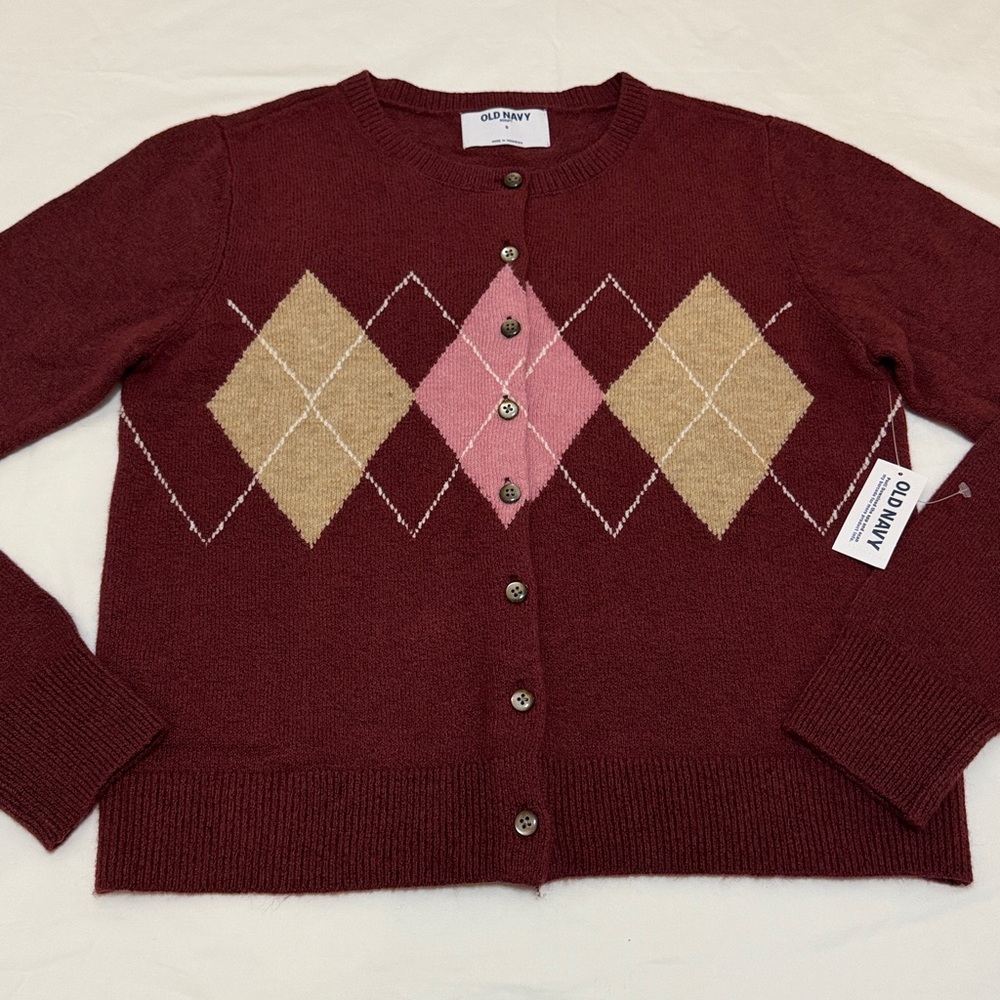 Old Navy Sosoft Burgundy Argyle Cardigan with Pink & Beige Diamonds S NWT